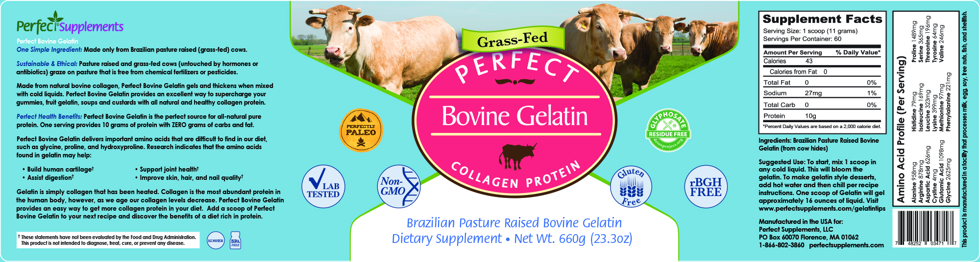 Perfect Bovine Gelatin - Sourced EXCLUSIVELY From Brazilian Grass Pastured  (Grass Fed) Cows